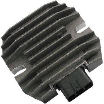 Black and gray finned aluminum Suzuki regulator/rectifier with a black electrical connector plug.