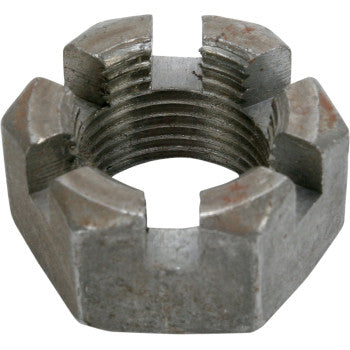 A close-up of the Polaris Axle Hub Nut 3/4 16 by Dura Blue reveals its six notches and internal threading, designed for cotter pin installation to ensure secure axle protection.