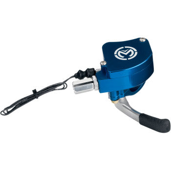 The Easy Pull Thumb Throttle Blue by Moose Offroad features billet aluminum construction, a blue finish, an attached cable, a curved black handle, and a white logo on top for improved pull ratio—isolated on a white background.