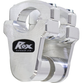 Close-up of Pivoting Handlebar Bar Risers +2 inches Aluminum Finish by Rox Speed FX, showcasing a machined metal surface, sturdy clamps, and secure fit for motorcycles or ATVs.
