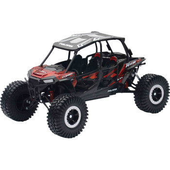 The Polaris RZR XP 4 Turbo EPS Rock Crawler by New Ray Toys is a 1:18 scale remote-controlled off-road vehicle in titanium metallic, featuring large rugged tires and an open-frame design—perfect for collectors and enthusiasts.