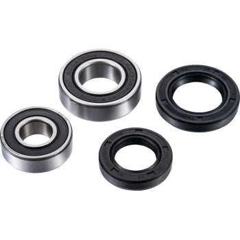 The Yamaha Wheel Bearing Kit Front Left & Right by Factory Links features two durable metal ball bearings and two black rubber oil seals, all designed for rust and corrosion protection, shown on a white background.
