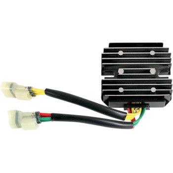Black aluminum finned Suzuki regulator/rectifier with dual wiring harnesses and white connectors.