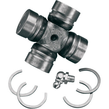 The Polaris Universal Joint by Epi includes a cross-shaped metal part, four caps, four snap rings, and a grease fitting—ideal for OEM universal joint replacement. All components are shown on a white background.