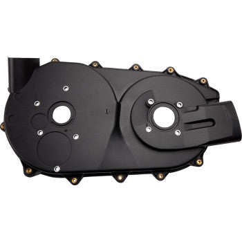 The Can Am Clutch Cover Inner by Moose Offroad is a black metal replacement with circular cutouts, edge bolt holes, and a right-side protrusion—engineered for easy bolt-on installation in automotive or mechanical setups.