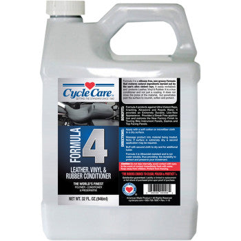 A 32 fl oz (946ml) bottle of Formula 4 Leather Vinyl by Cycle Care Formulas is your go-to vinyl conditioner and leather protector, featuring a black label with white text and a handle on the top right.