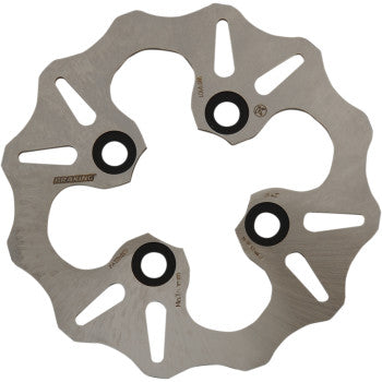 Silver wavy metal brake rotor with three black mounting holes and cutout slots.