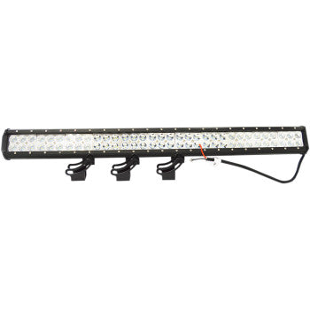 The LED Light Bar 36" by Rivco Products is a rectangular floodlight with multiple LEDs, mounted on three black brackets, featuring a spotlight effect, a right-side power cable, and delivers bright 6000K illumination.