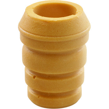 The KYB Shock Bottom Out Bumpers by Race Tech (16mm x 44mm x 59mm) is a yellow, cylindrical rubber bump stop with multiple grooves and a hollow center, designed to enhance automotive suspension and shock control.