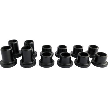 Set of 14 black polyurethane suspension bushings for rear independent suspension, varying cylindrical shapes with flanged.