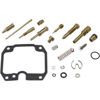 The Kawasaki Carburetor Repair Kit by Shindy includes main and pilot jets, float valves, metal parts, springs, washers, O-rings, and a black gasket, all neatly arranged on a white background.