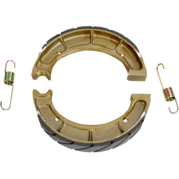 The Brake Shoes by Ebc set includes two die-cast aluminum drum brake shoes with black friction lining, arranged in a circle, and two coiled metal springs with hooked ends.