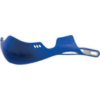 The Yamaha Pro Guard Reinforced Handguards Blue by Emgo feature vent holes, a mounting slot, and aluminum brackets for sturdy protection on 7/8 motorcycle or dirt bike handlebars.