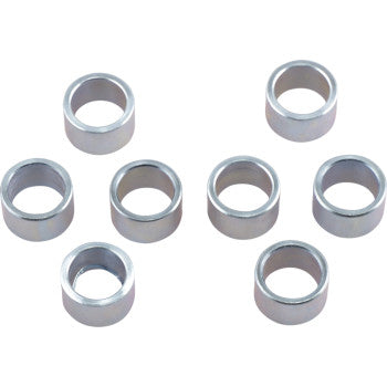 Eight small Clutch Roller Weights by Epi, silver and circular with hollow centers, are arranged on a plain white background. Plated for strength, these bushings have a smooth, shiny surface.
