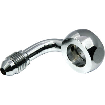 The Banjo Fitting 7/16 AN3 90° Chrome by Magnum Shielding is a shiny metal hose fitting with a 90-degree bend, featuring a threaded end and a round chrome banjo connector for AN-3 fittings.