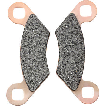 Pair of gray textured sintered brake pads with copper-colored metal backing and looped tabs.