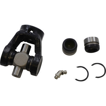 The Yoke Propeller Shaft With U Joint by Epi includes a yoke, SCR440 steel cross trunnion, two snap rings, two bearing caps, and a grease fitting—all displayed on a white background.