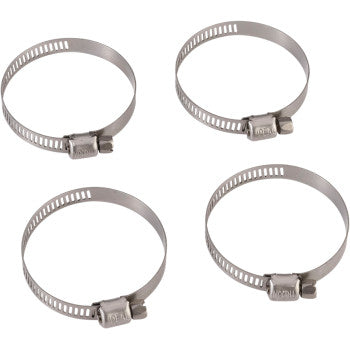 The Clamp Hose Stainless Steel 26-51 mm 4 Pack by Moose Offroad features four slim, low-profile clamps with screw mechanisms, ideal for secure and sleek motorcycle applications. Arranged in a square on a white background.