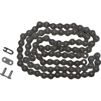 The 420 Standard Drive Chain (90 Links) by Did, made from alloy steel, is coiled in a flat spiral with its master link and quad-staked pin riveting parts displayed nearby on a white background.