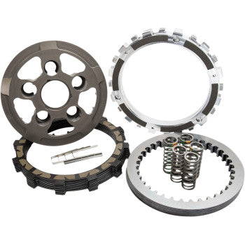 The RadiusX Clutch by Rekluse, featuring TorqDrive plates, springs, metal discs, and circular components, is displayed neatly on a white background.