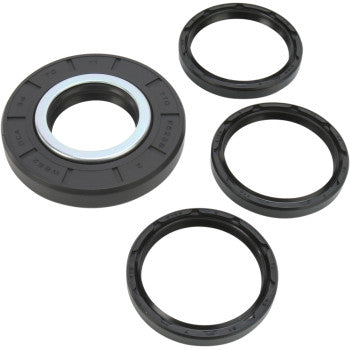 The Honda Differential Seal Kit Rear by Moose Offroad includes four black circular oil seals on a white background; one has a metallic inner lining, and three are plain black rubber.