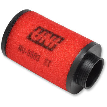 The Arctic Cat Air Filter by Uni Filter is a cylindrical red two-stage filter with black plastic end caps featuring the black UNI logo on the side and a threaded black opening for easy attachment.