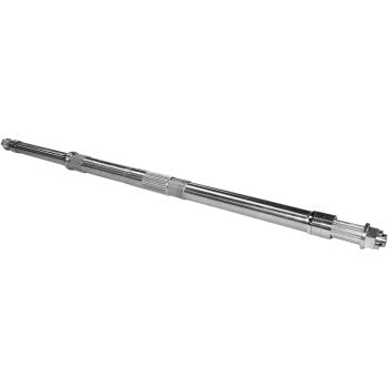 The Yamaha Banshee Axle Axcalibar Pro Racing Adjustable by Lone Star Racing is a stainless steel axle with splined and threaded sections, designed for enhanced stability in automotive or mechanical use, shown on a white background.