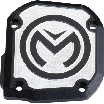 The Throttle Cover Polished by Moose Offroad is a black and silver CNC-machined billet aluminum throttle cover with four screw holes and an engraved circular logo with a stylized M, ideal for Moose Racing fans.