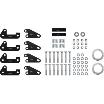 The Polaris Ranger XP Lift Kit by Demon includes metal brackets, bolts, nuts, washers, and spacers, neatly arranged, ideal for increasing ground clearance and fitting larger tires in mechanical or automotive applications.