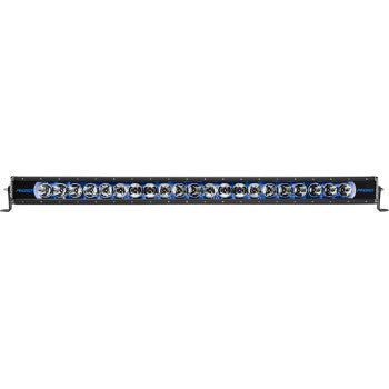 The Light Bar 40" RGBW by Rigid Industries is a straight, rectangular LED bar with multiple circular bulbs in a single row, black housing, end mounting brackets, and over/under voltage protection for enhanced reliability.