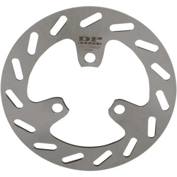 The Honda Front Left Rotor by Moose Offroad is a round, silver high-carbon stainless steel disc brake rotor with three mounting holes, elongated ventilation slots, and DP logo text engraved—perfect as a replacement rotor.