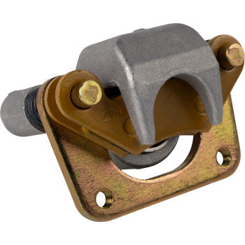 Close-up of the Polaris Brake Caliper Rear Right by Quad Logic, featuring a sturdy assembly with a rectangular mounting plate, cylindrical bolt, hinged lock mechanism, and gold, silver, and bronze-toned components for secure installation.