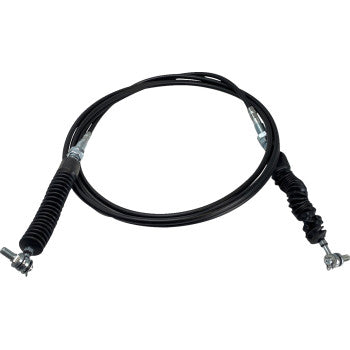 Black flexible UTV shifter cable with metal ends and protective rubber bellows on both sides.
