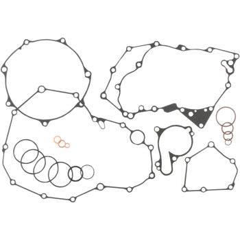 A Yamaha Bottom End Gasket Kit by Cometic, featuring variously shaped black oil seals and copper washers, is arranged on a white background—ideal for engine rebuilds or automotive repairs.