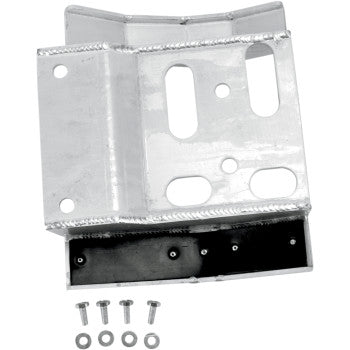 The Suzuki Swingarm Skid Plate by Motorsport Products is a metallic mounting bracket with multiple cutouts and holes, shown on a white background with four screws and four washers displayed below it.