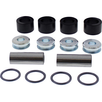 The A-Arm Bearing Kit Front Upper Lower by Moose Offroad includes four black bushings, four silver bearing steel washers, two metal cylindrical rods, and four black O-rings arranged in rows on a white background.