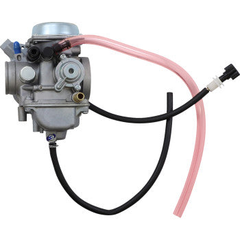 Silver metal Suzuki replacement carburetor with attached black and translucent pink fuel hoses.