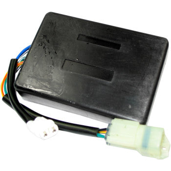 Black rectangular Kawasaki CDI box with smooth plastic casing and attached multi-colored wiring harness with white.