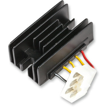 The Kawasaki Regulator / Rectifier by Ricks Motorsport Electric is a black replacement unit with multiple fins and a white connector attached to four wires—two yellow, one red, and one black. Made in the U.S.A.