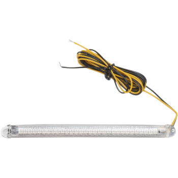 The TruFLEX® LED Strip 4.5" Amber Clear by Custom Dynamics is a slim, clear dual-intensity light bar with yellow and black wires, perfect for flexible automotive lighting and running brake light applications.