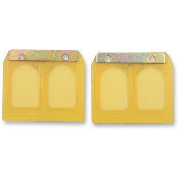 Yellow rectangular Yamaha replacement reed set with metal mounting tabs and two large reed petals each.