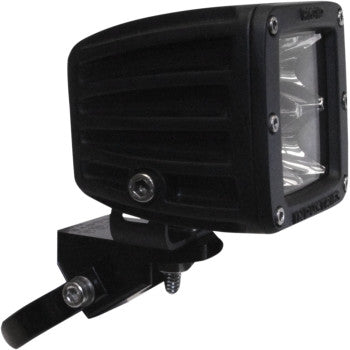 A Light Mount Bracket A Pillar 1-3/4 by Rigid Industries is an adjustable billet aluminum bracket with screws for mounting rectangular LED work lights, featuring a ribbed housing and transparent front cover.