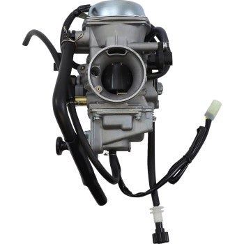 Silver metal carburetor with attached black fuel lines and wiring for Honda ATV replacement.