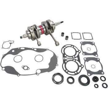 The Yamaha Crankshaft Kit OE Crankshaft Replacement by Hot Rods includes a crankshaft, Hot Rods connecting rod, gaskets, seals, and bearings, all arranged neatly on a white background.