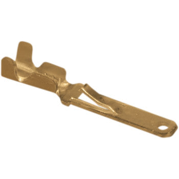 A close-up of the ML 110 Terminal Male by Namz, brass-colored with a flat handle and notched end, designed for connecting wires in custom applications. This pack contains 100 terminals ideal for efficient electrical setups.