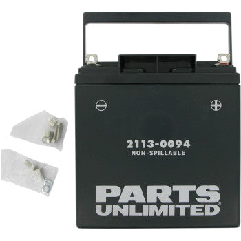 A black Parts Unlimited X3 AGM Battery YI0L is shown with two small bags containing bolts and hardware.
