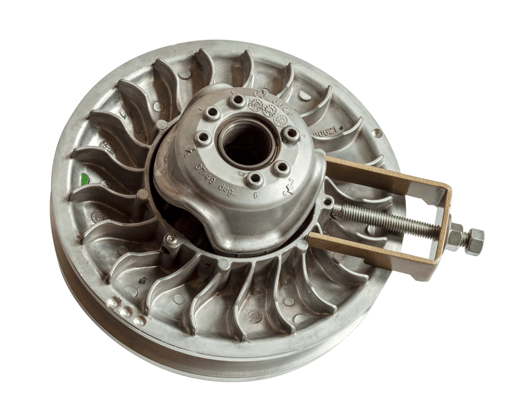 A close-up of a metal automotive part with a circular base and curved blades, ideal for use with Trinity Racings X3 Driven Roller Pin Extractor Tip—perfect for servicing clutches or fan assemblies.