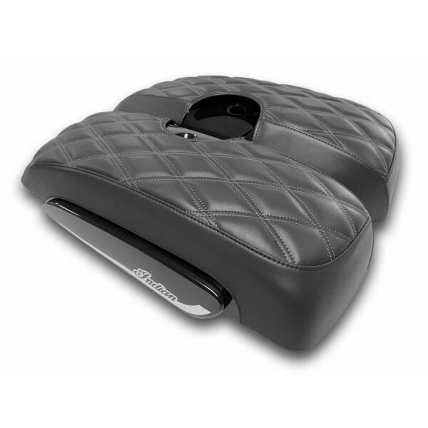 Black quilted leather motorcycle saddlebag lid cover with diamond stitching and cutout for handle.