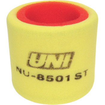 Polaris Air Filter by Uni Filter: a yellow cylindrical foam air filter with red inner lining and Ultra Seal design, featuring “UNI” and “NU-8501ST” printed in black on the outside.