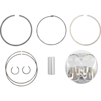 The Honda Piston Kit 94.00 mm by Moose Offroad includes a full radius dome piston marked EXH, three piston rings, two circlips, and a cylindrical piston pin, all displayed separately on a white background.